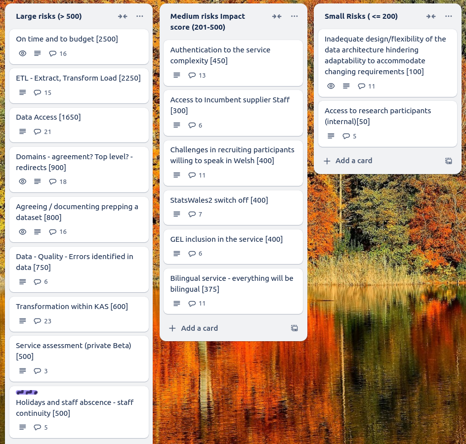Screenshot of risks and issues board